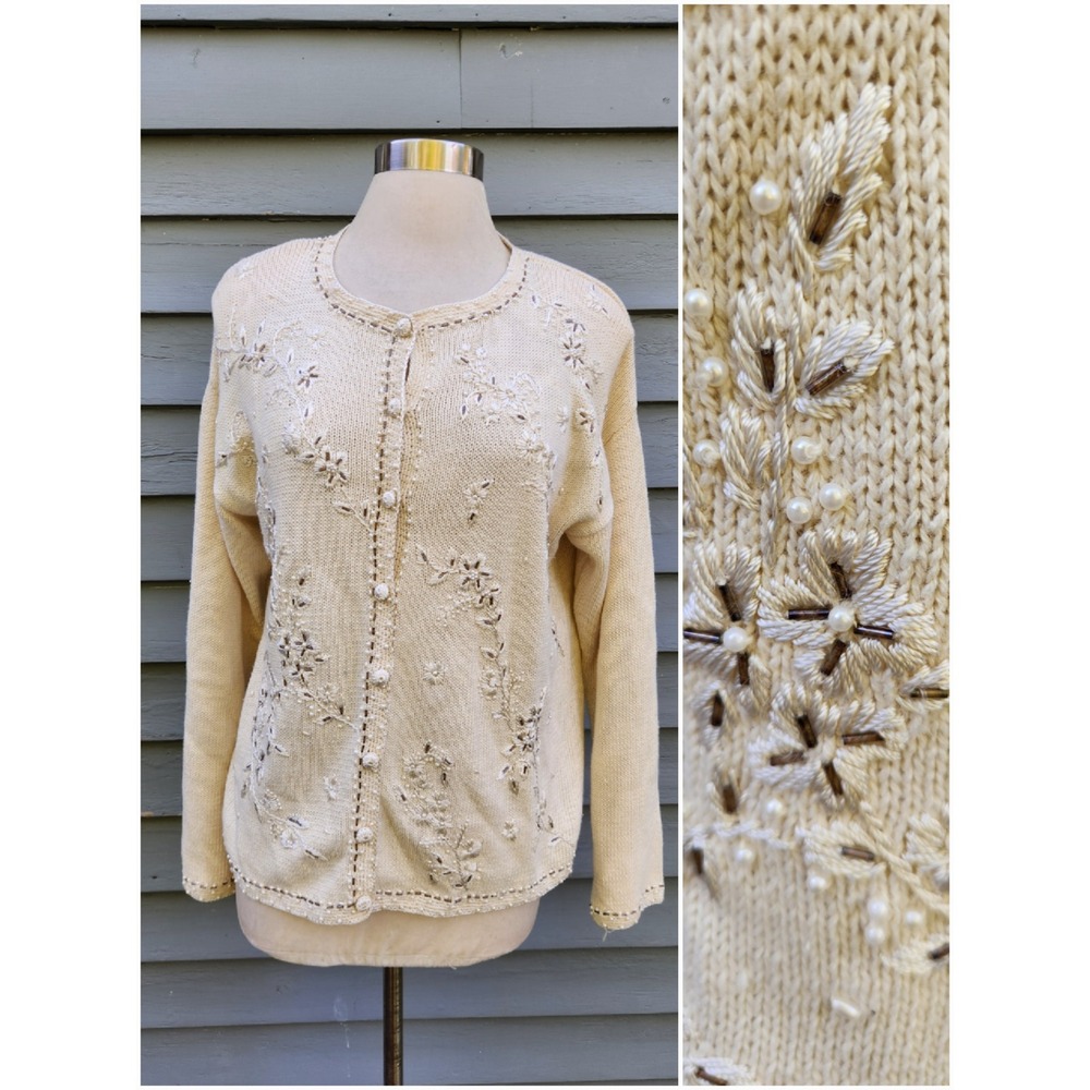 Vintage Heirloom Collectibles Cardigan Cream Floral Beaded Pearl Embroidered Md